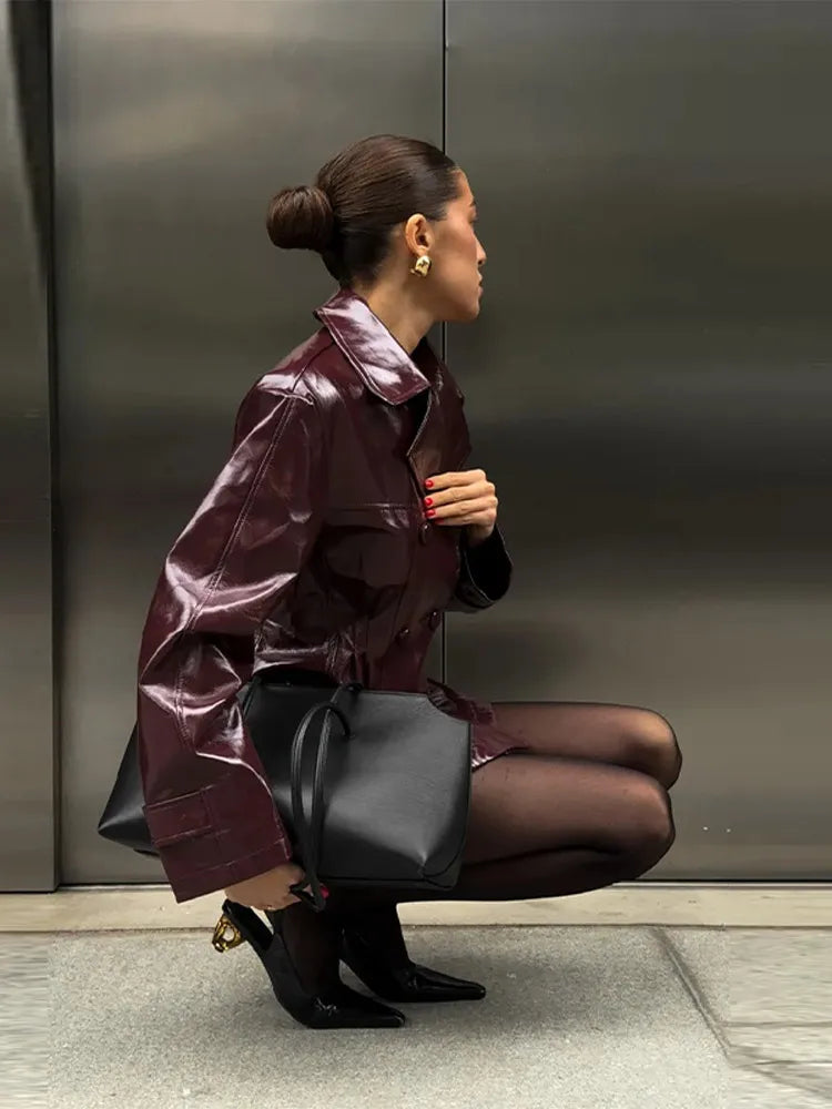 Two Piece Set - Leather Jacket & Mini Skirt