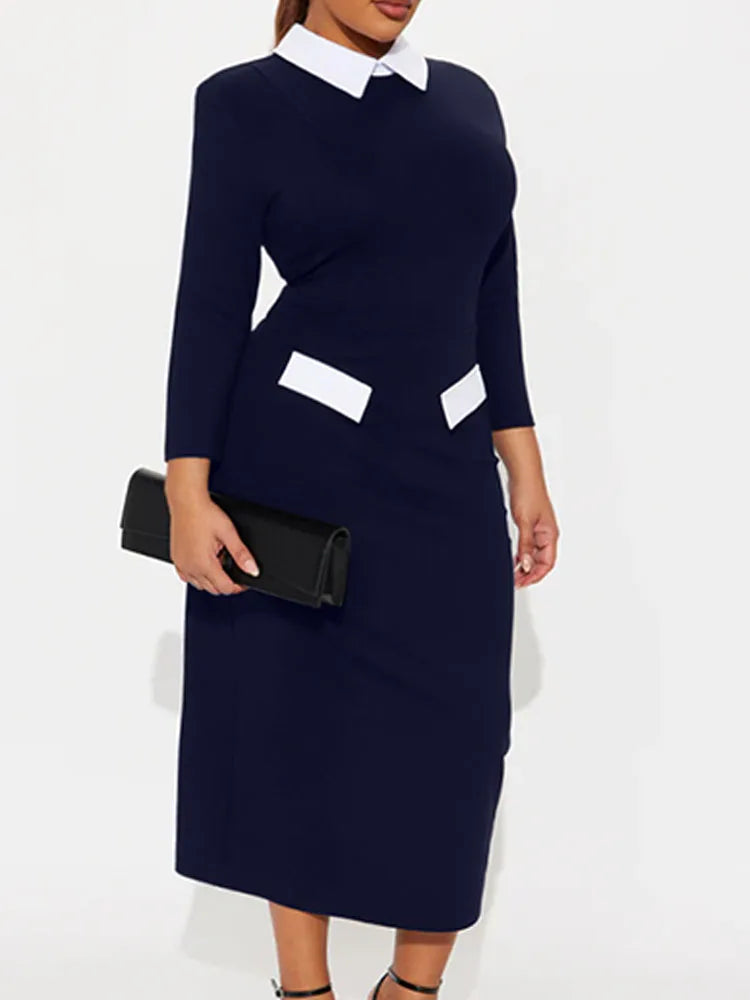Pencil Dress - Polo Collar Long Sleeve Office