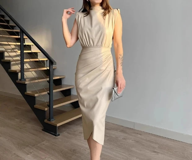 Vestido Midi Cuero PU Mujer Ajustado Encaje Contraste Sexy