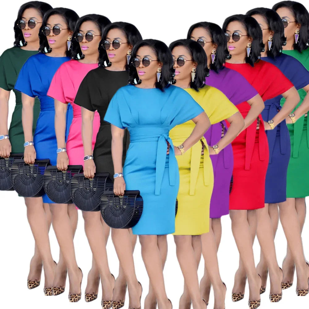 Pencil Midi Dress - Short Sleeve Belt Party