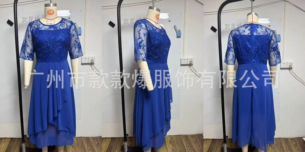 Vestido Midi Elegante Mujer Asimétrico Encaje Chifón Banquete