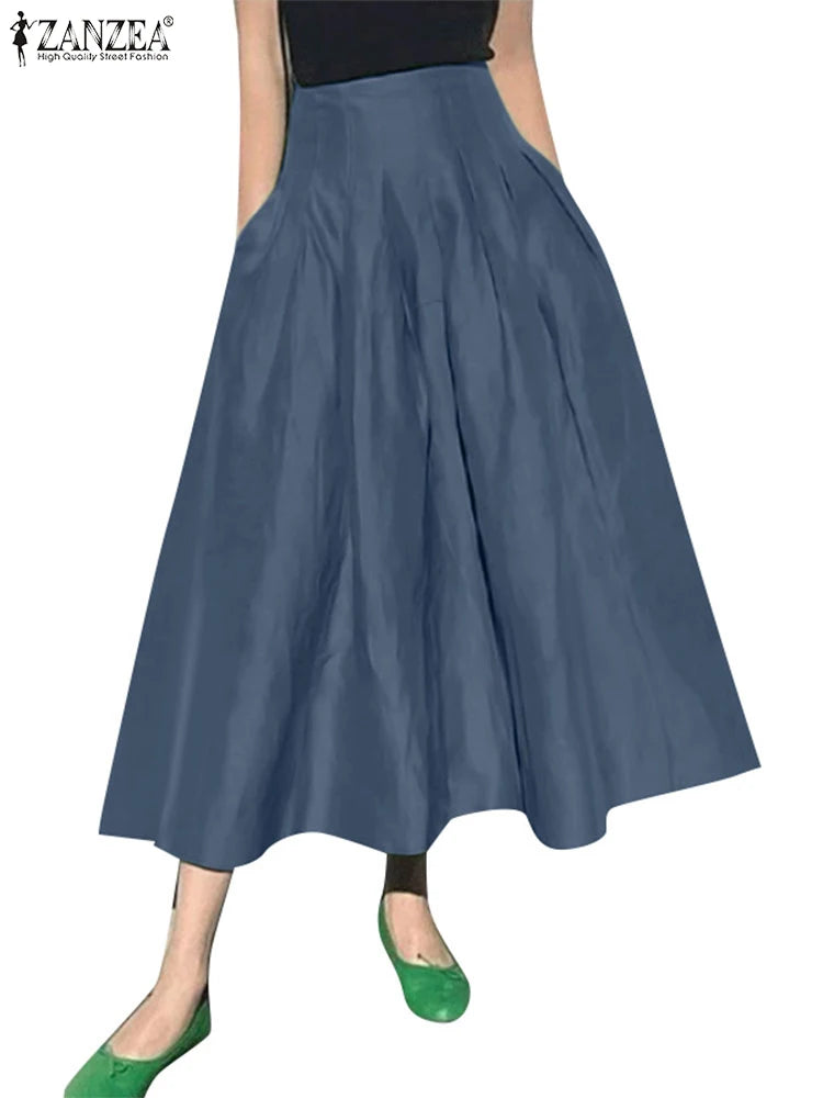 ZANZEA Fashion Holiday Faldas Mujer Casual Women Solid Color High Waist Jupe Femmes Elegant Commute Pleated Front Midi Skirts