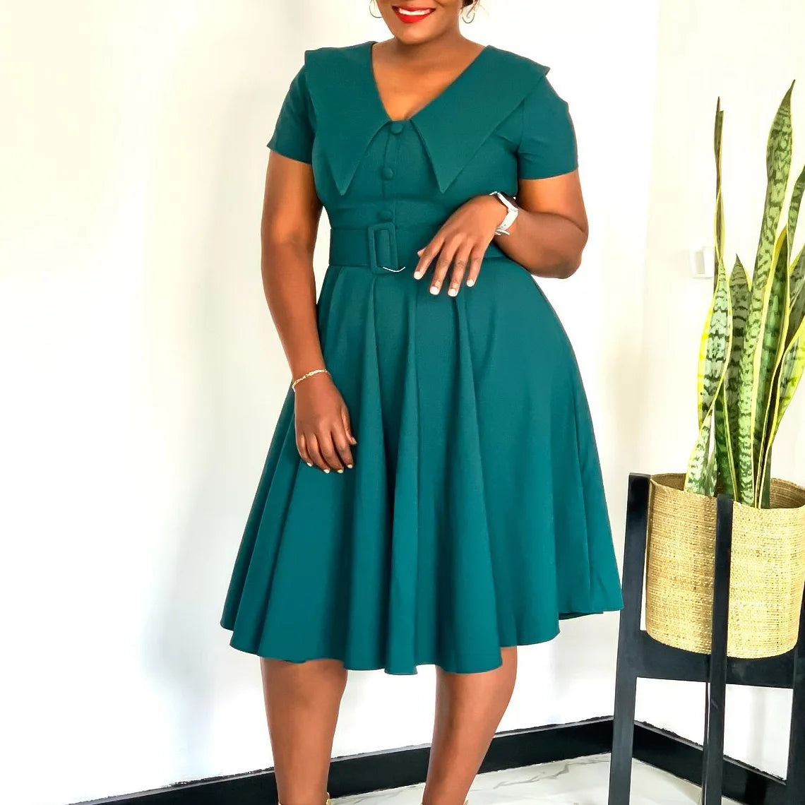 Office Dress - Turn Down Collar Pleated Midi