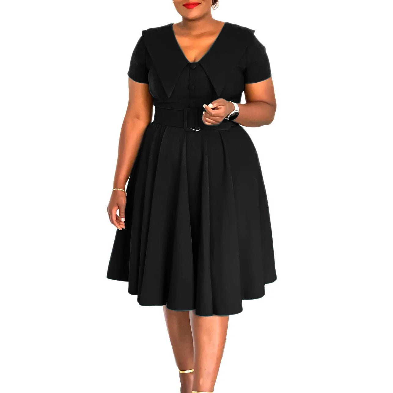 Office Dress - Turn Down Collar Pleated Midi