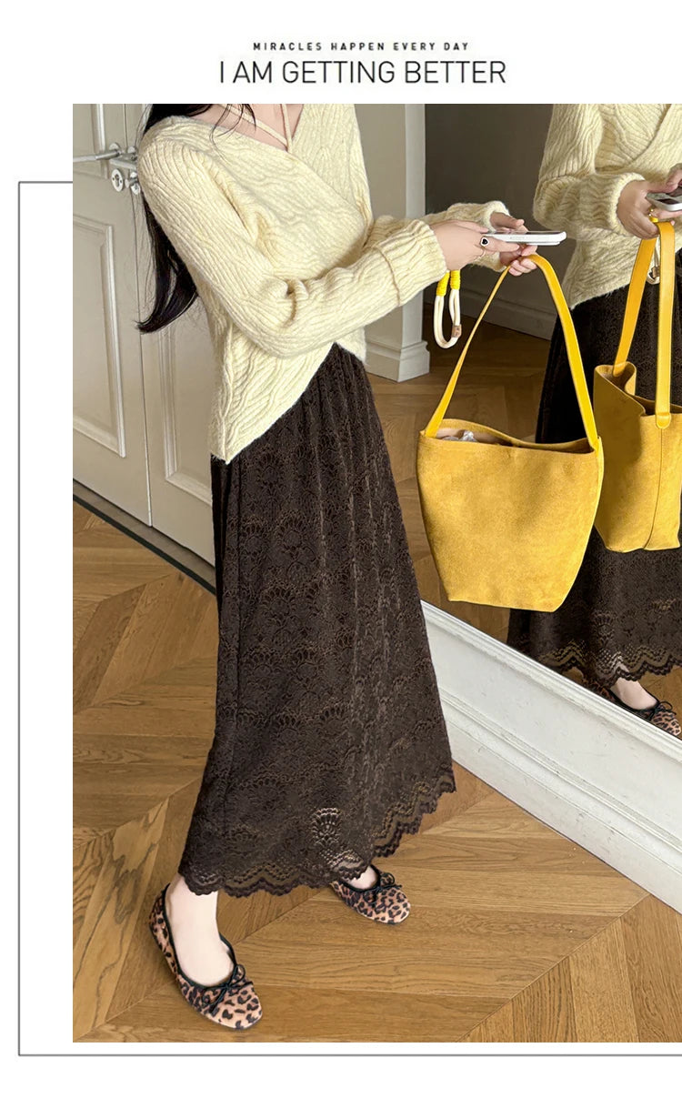 Retro Mid-length Lace Fleece Skirt Women Korean Fashion Fall Winter High-waisted Skirt Female Chic All Match Faldas 2025