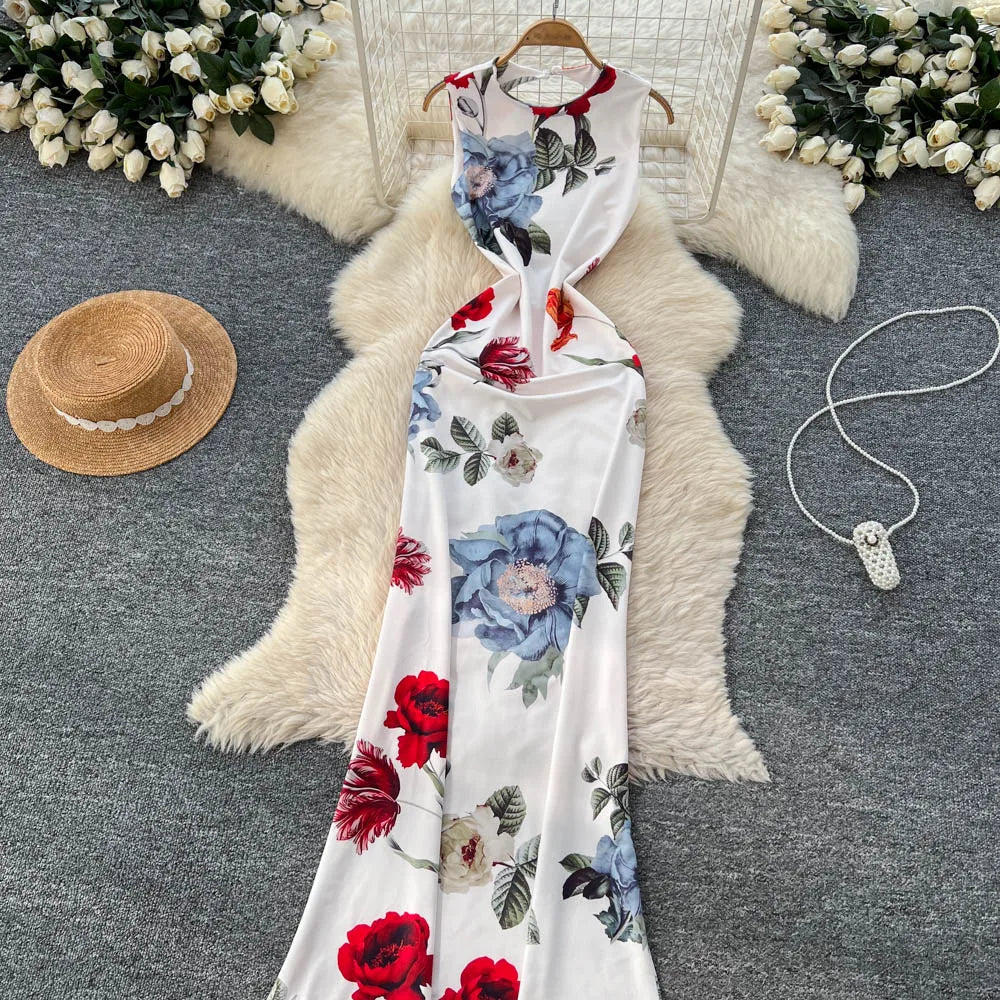 Pencil Dress - Vintage Print Sleeveless Spliced