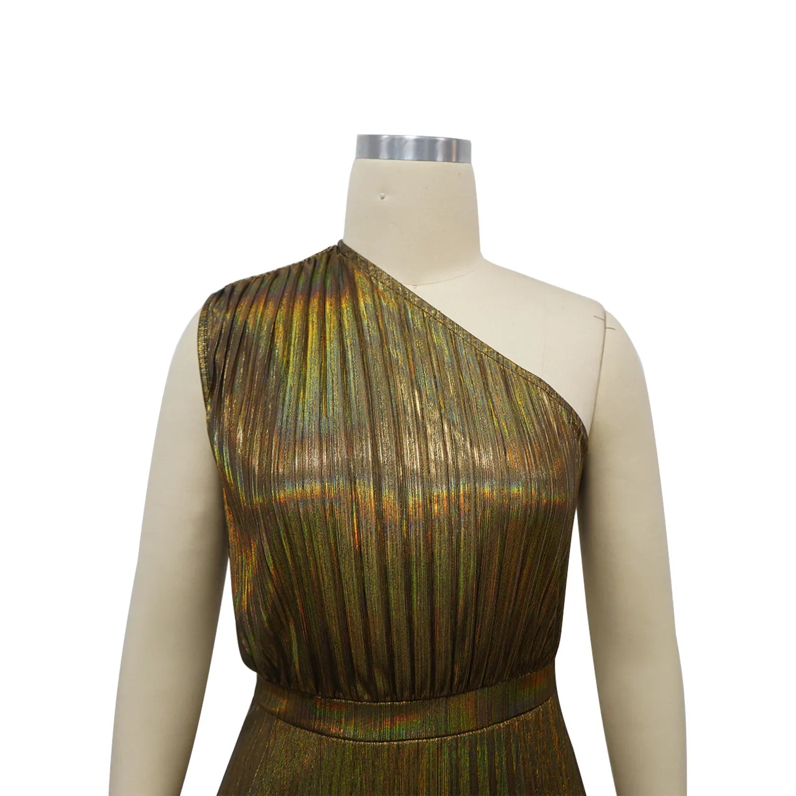 Vestido Largo Plisado Metálico Un Hombro Sin Mangas Brillante