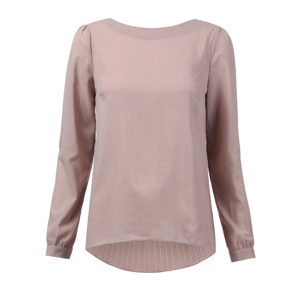 Blusa de chifón cuello V, manga larga, tono rosa suave, caída ligera para oficina