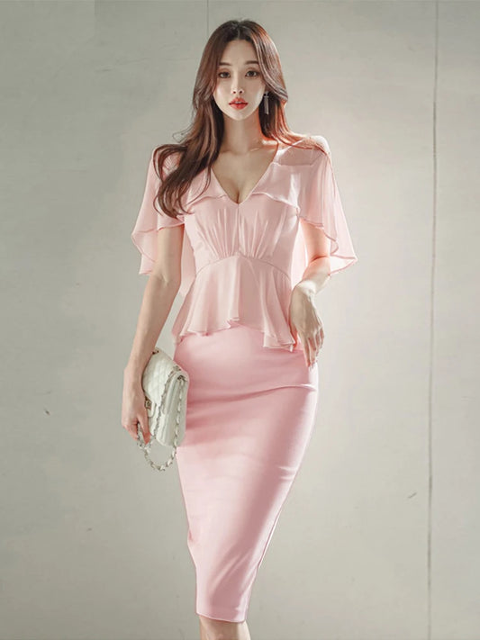 Pink Pencil Dress - Cloak V-Neck Midi Party