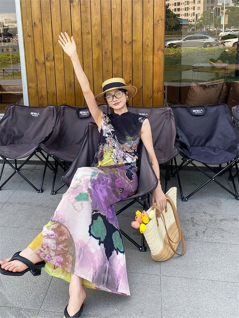 Vestido Plisado Estilo Chino Cheongsam Cola de Pez Verano