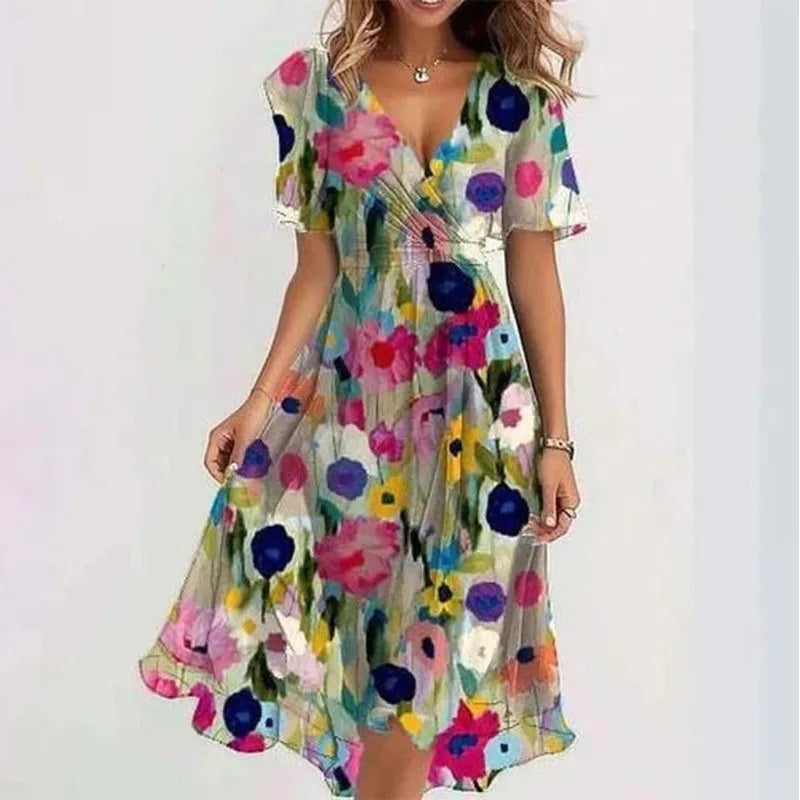 Elegant Women's Spring And Summer Short Sleeved Loose A-line Dress Women's Casual V-neck Floral Print Beach Style Dresses Midi