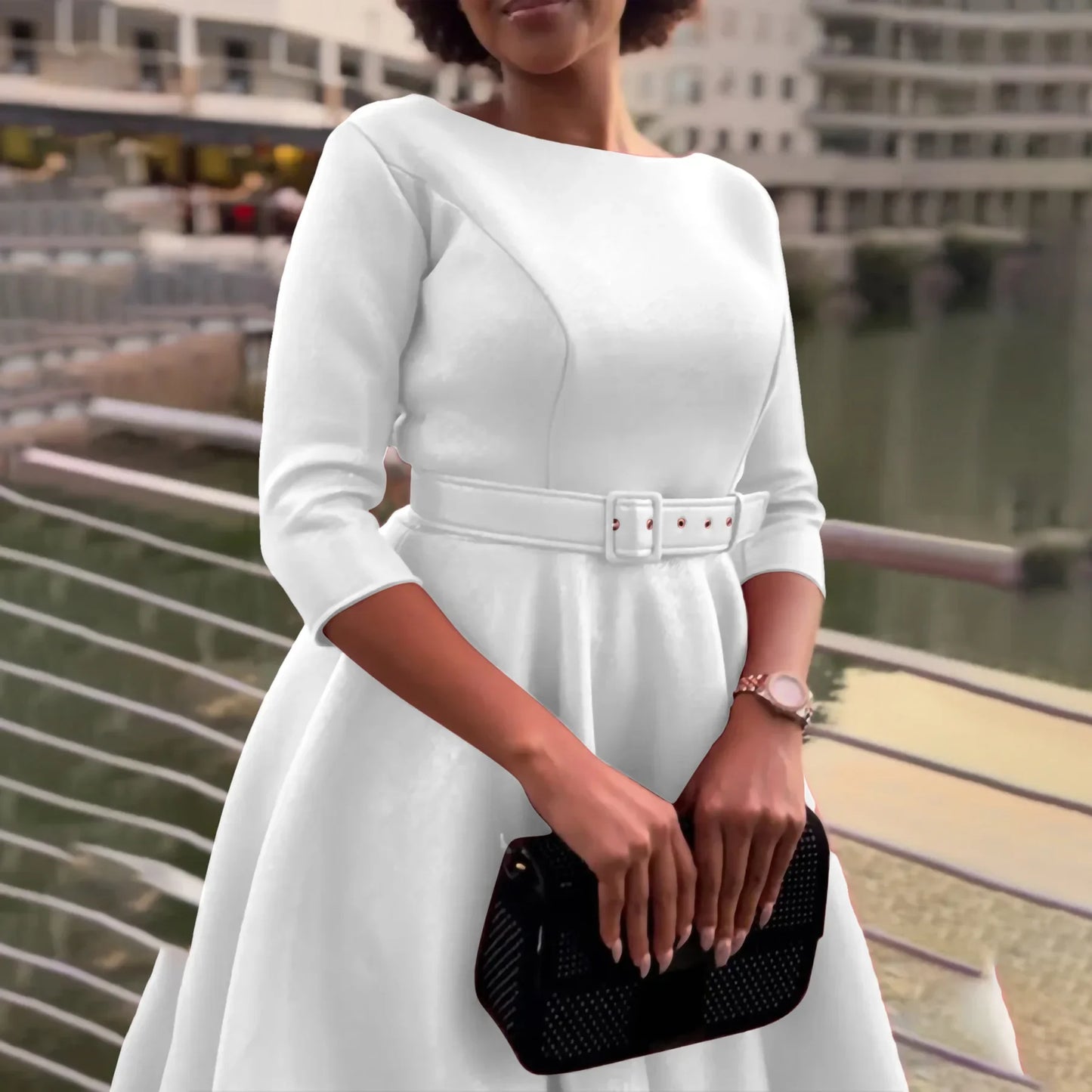 Party Dress - A-Line Belt Three Quarter Sleeve