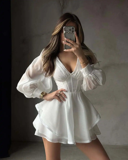 Vestido Mini Blanco - Manga Farol Cuello V Sexy