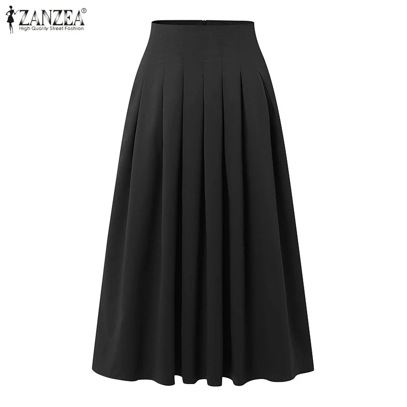 Pleated Midi Skirt - High Waist Solid Black