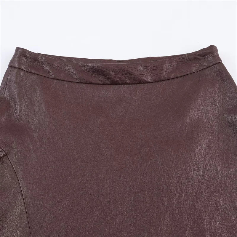 Falda Larga Faux Leather Marrón - Línea A Casual
