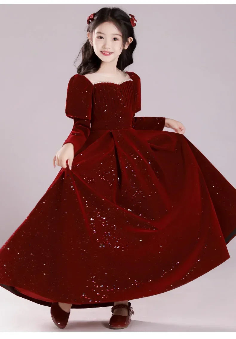 Vestido Fiesta Niña Lentejuelas Rojo Vino Manga Puff