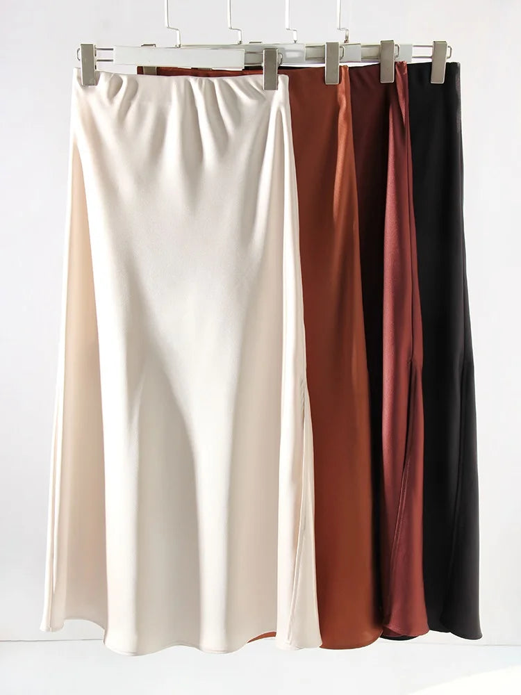 Satin Maxi Skirt - High Waist Side Slit Black