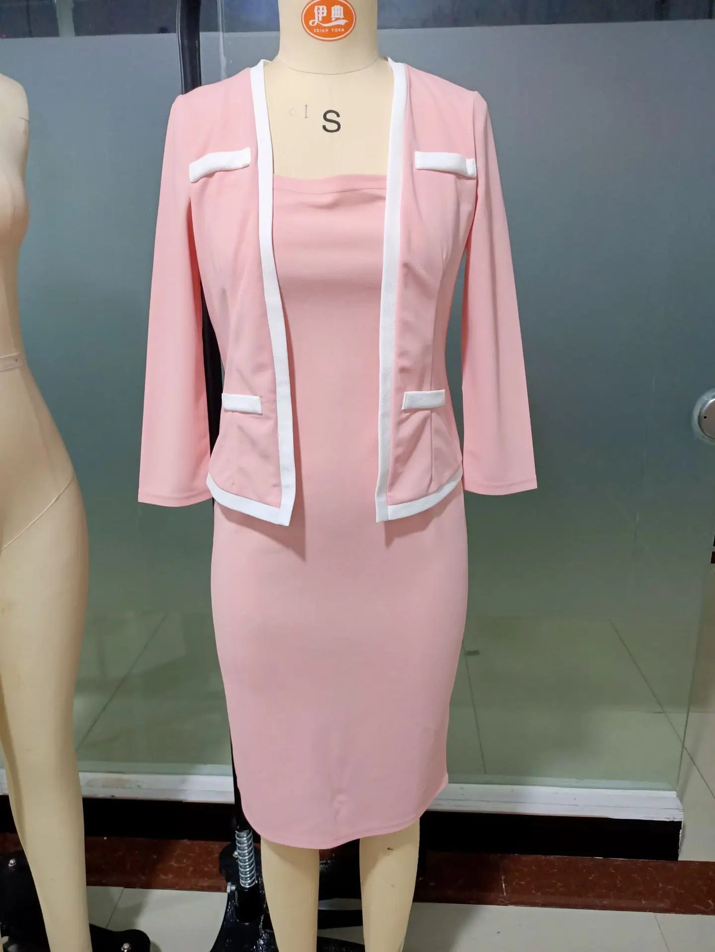 Pencil Dress - Square Collar Three Quarter Sleeve