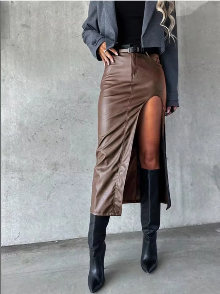 PU Leather Midi Skirt - Slit Hip Hugging Punk