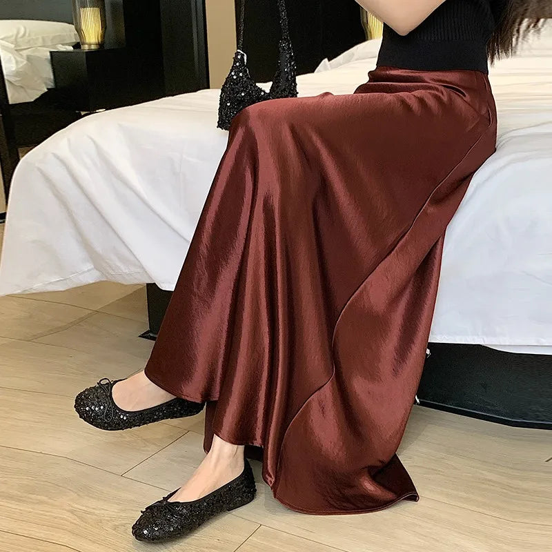 Pink Satin Midi Skirt - High Waist Fishtail Wrap