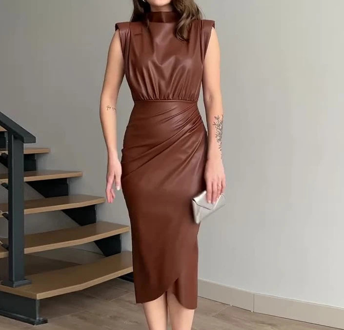 Vestido Midi Cuero PU Mujer Ajustado Encaje Contraste Sexy