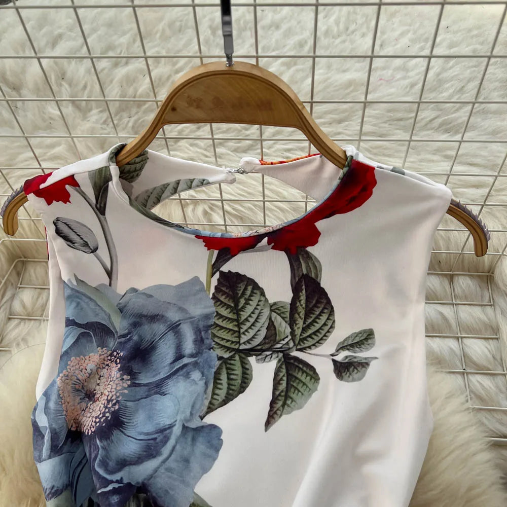 Pencil Dress - Vintage Print Sleeveless Spliced