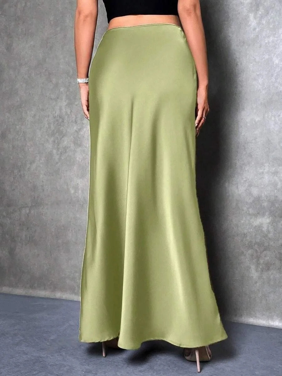 Satin Maxi Skirt - High Waist A-Line Champagne