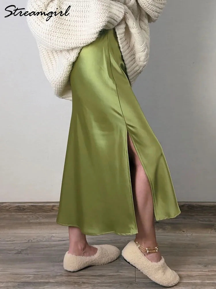 Satin Midi Skirt - A-Line Side Slit
