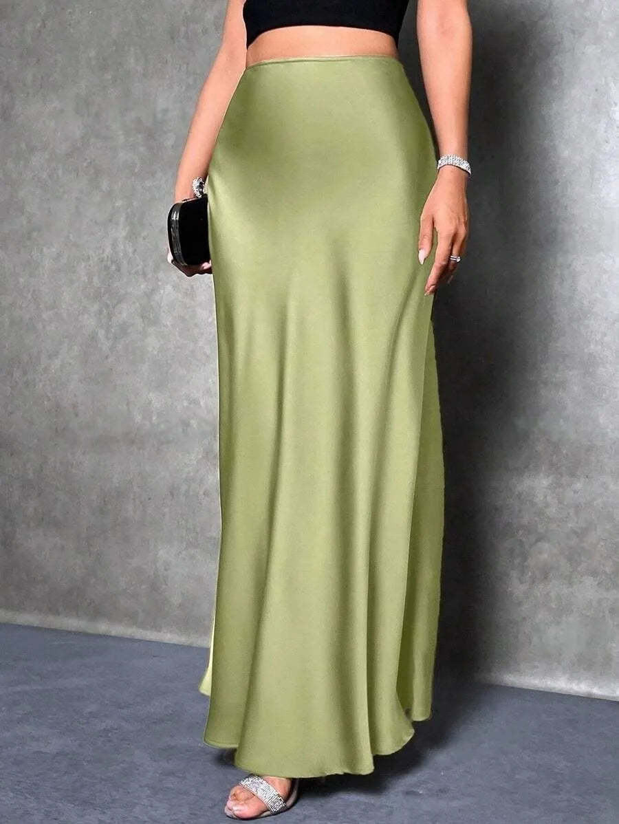 Satin Maxi Skirt - High Waist A-Line Champagne