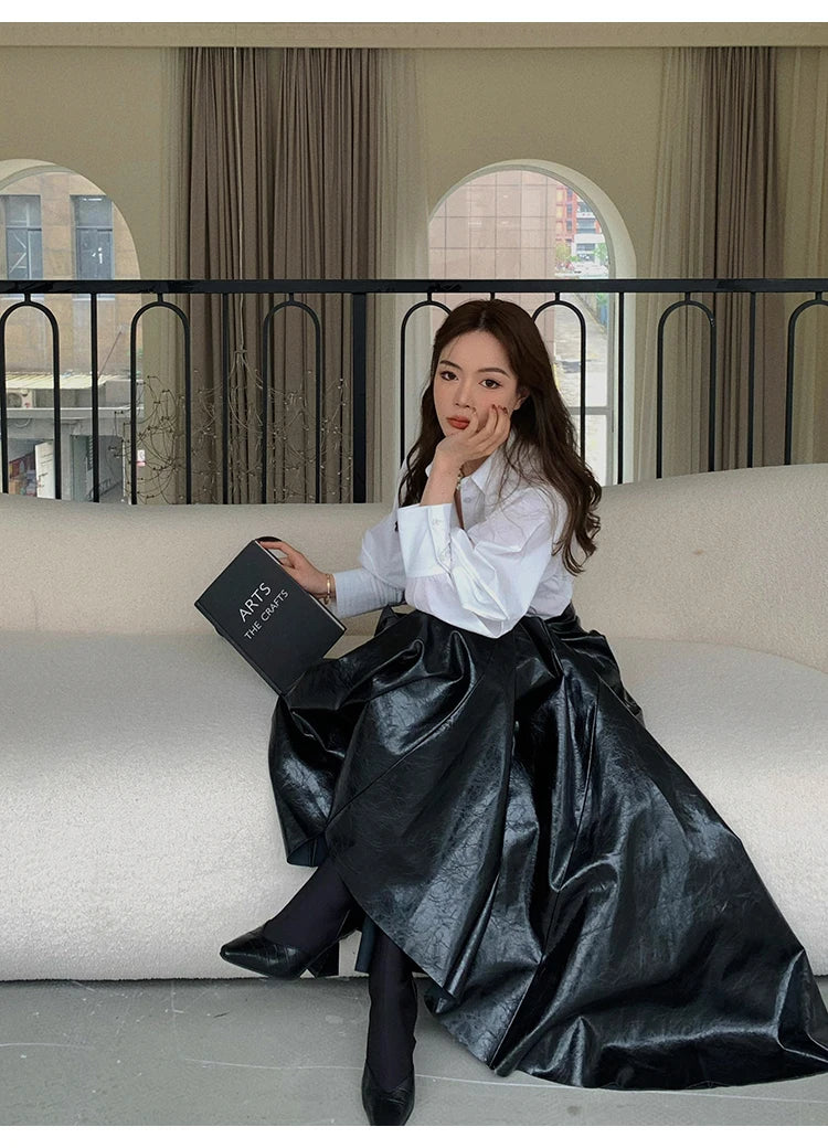 PU Leather Maxi Skirt - High Waist Pleated Black