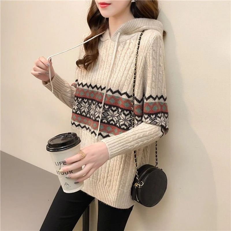 Polerón con Capucha Mujer Suelto Cordón Patchwork Estilo Étnico