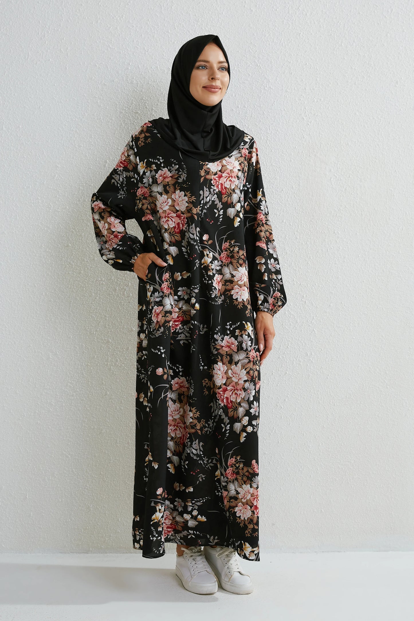 Muslim Maxi Dress - Floral Print Long Sleeve