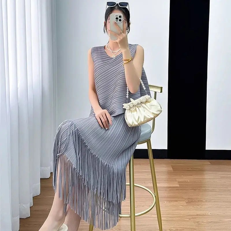 Conjunto Dos Piezas Flecos - Top Sin Mangas Falda A-Line