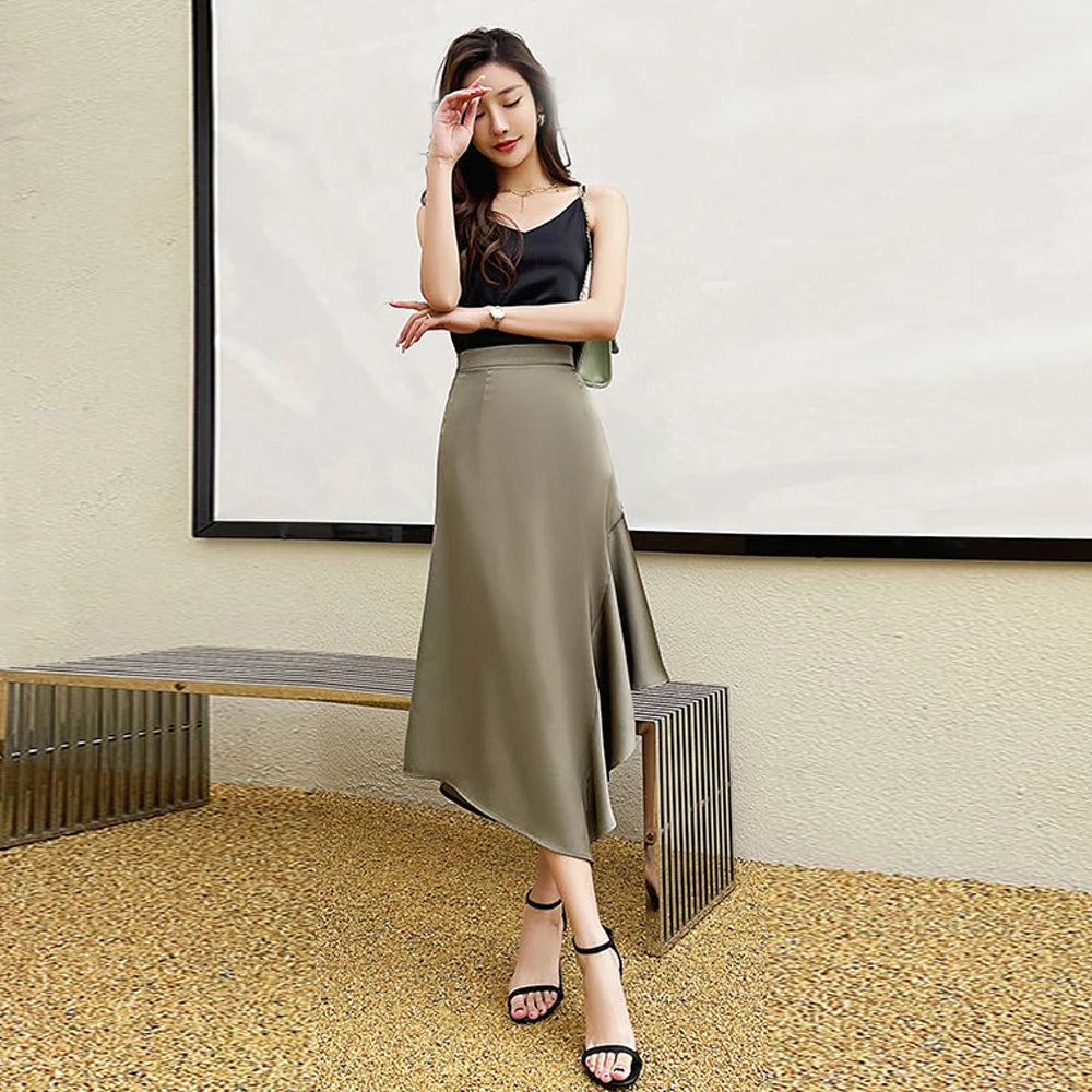 Satin Mermaid Long Skirt - High Waist Irregular
