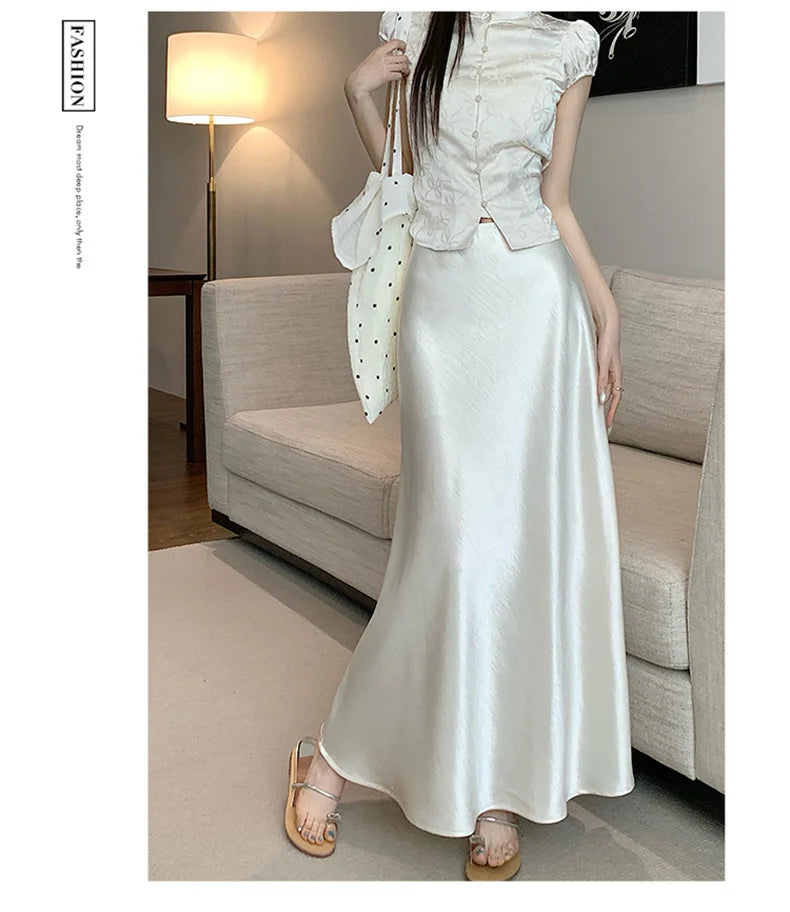 Pink Satin Midi Skirt - High Waist Fishtail Wrap