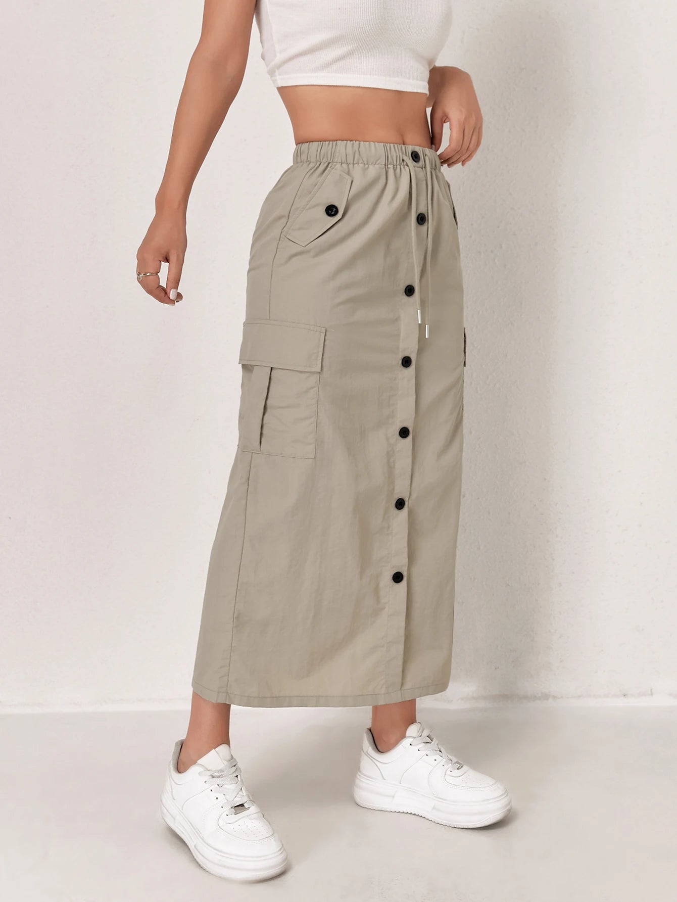 High Waist Cargo Skirt - Front Button Pockets