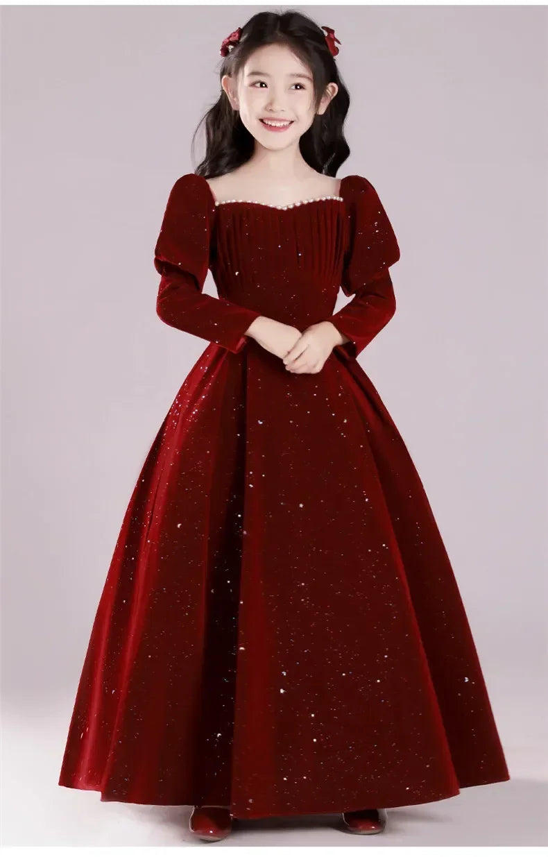 Vestido Fiesta Niña Lentejuelas Rojo Vino Manga Puff