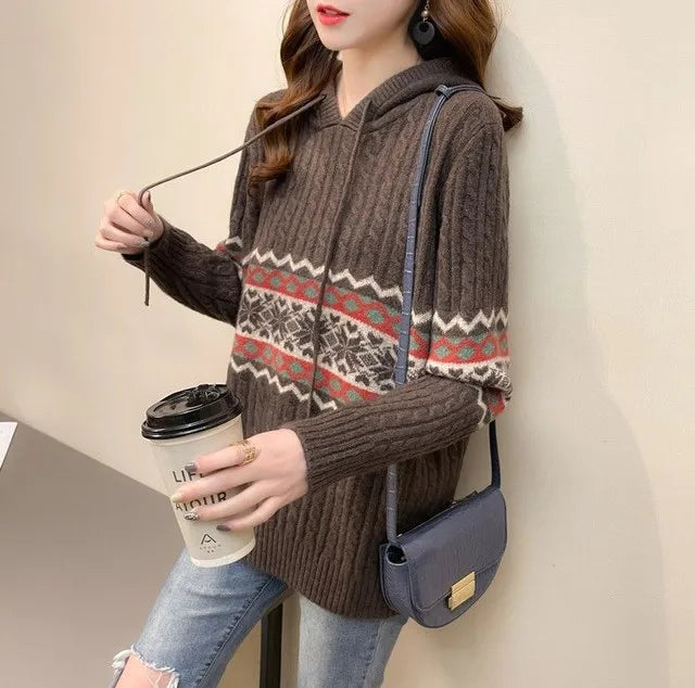 Polerón con Capucha Mujer Suelto Cordón Patchwork Estilo Étnico