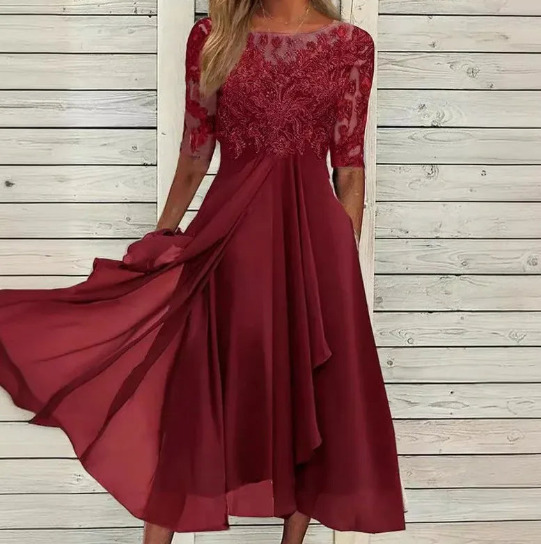 Vestido Midi Elegante Mujer Asimétrico Encaje Chifón Banquete
