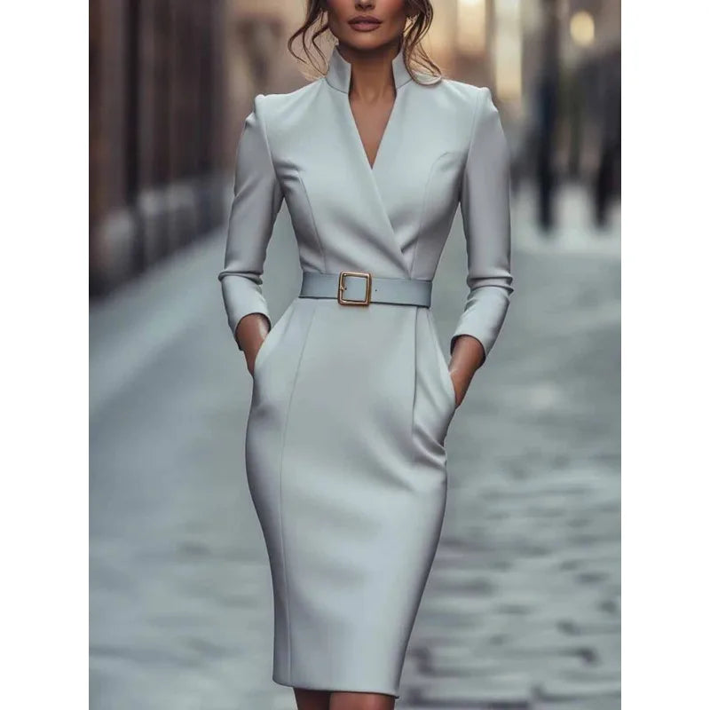 Work Dress - V Neck Wrap Bodycon Belt 2025