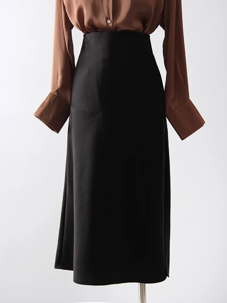 Satin Midi Skirt - A-Line Side Slit