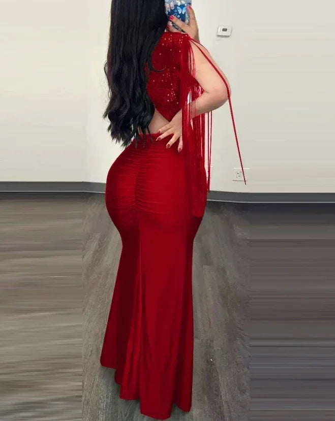 Vestido Fiesta Largo Lentejuelas Ceñido Escote V Sexy