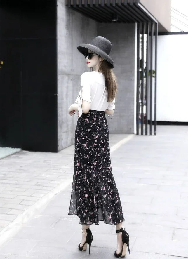 Velvet Midi Skirt - Belted Pleated Long