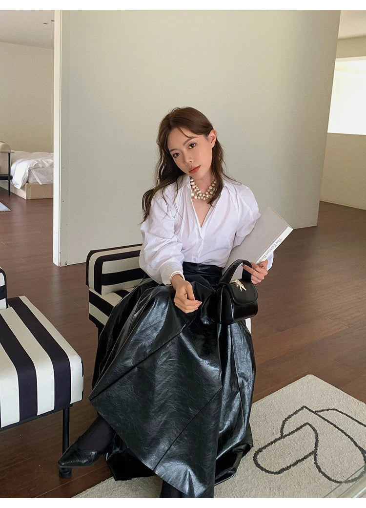 PU Leather Maxi Skirt - High Waist Pleated Black