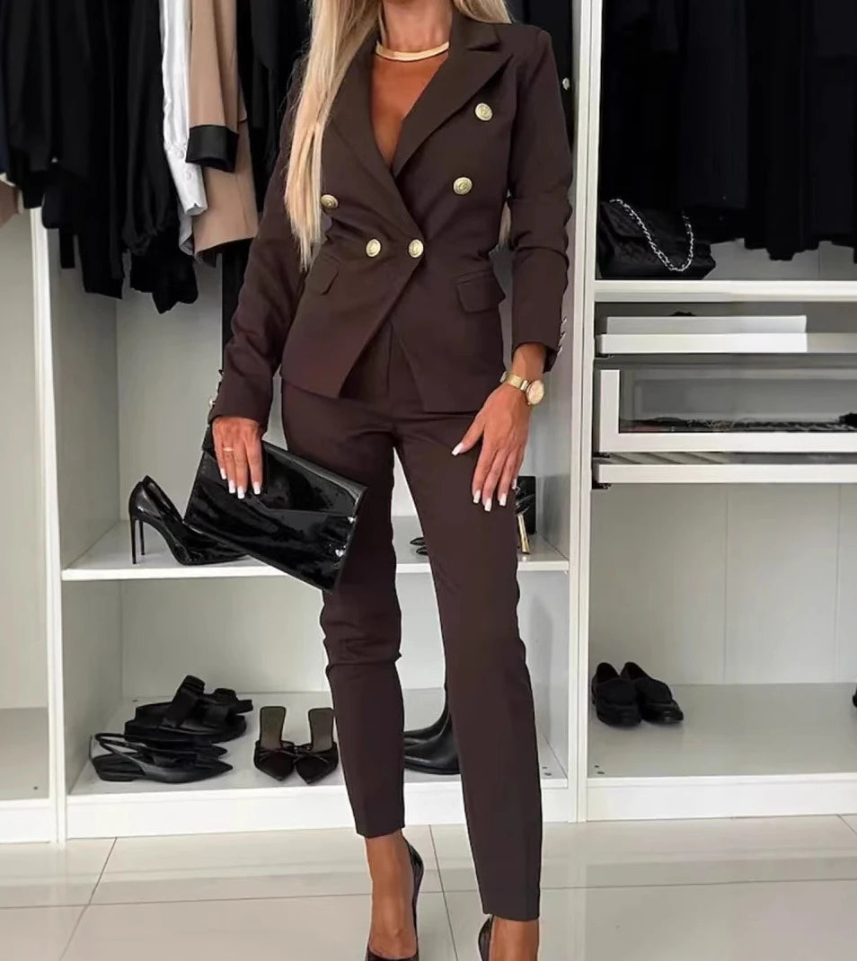 Conjunto Mujer Dos Piezas Saco Largo y Pierna Ancha Oficina