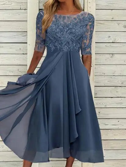 Vestido Midi Elegante Mujer Asimétrico Encaje Chifón Banquete