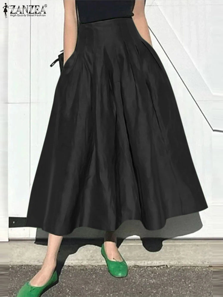 Pleated Midi Skirt - High Waist Solid Black