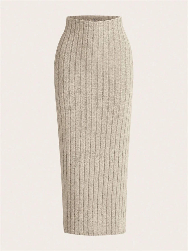 Ribbed Knit Pencil Skirt - High Waist Long