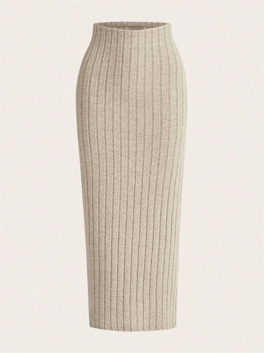Ribbed Knit Pencil Skirt - High Waist Long