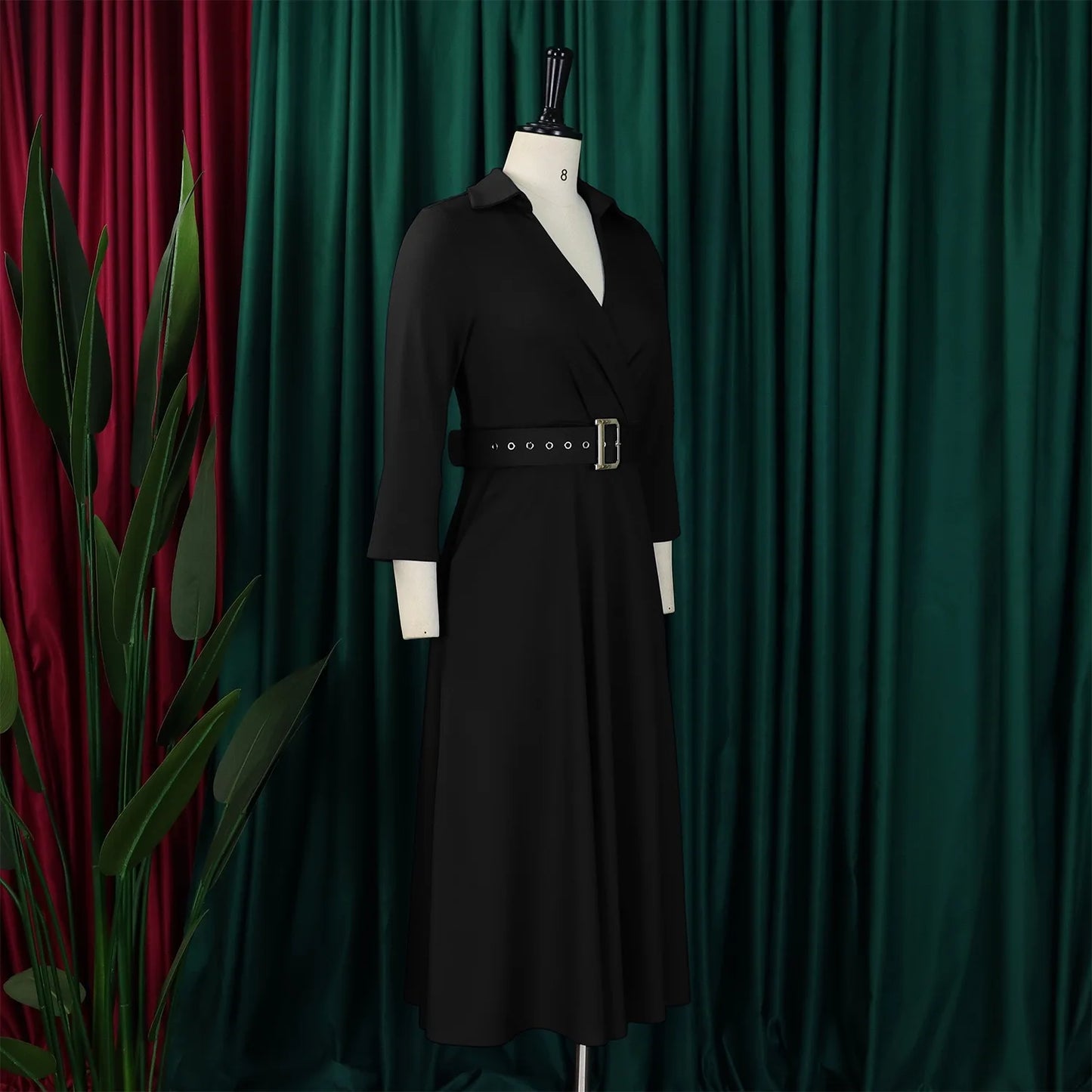 Office Dress - Turn Down Collar Belt Pleated African